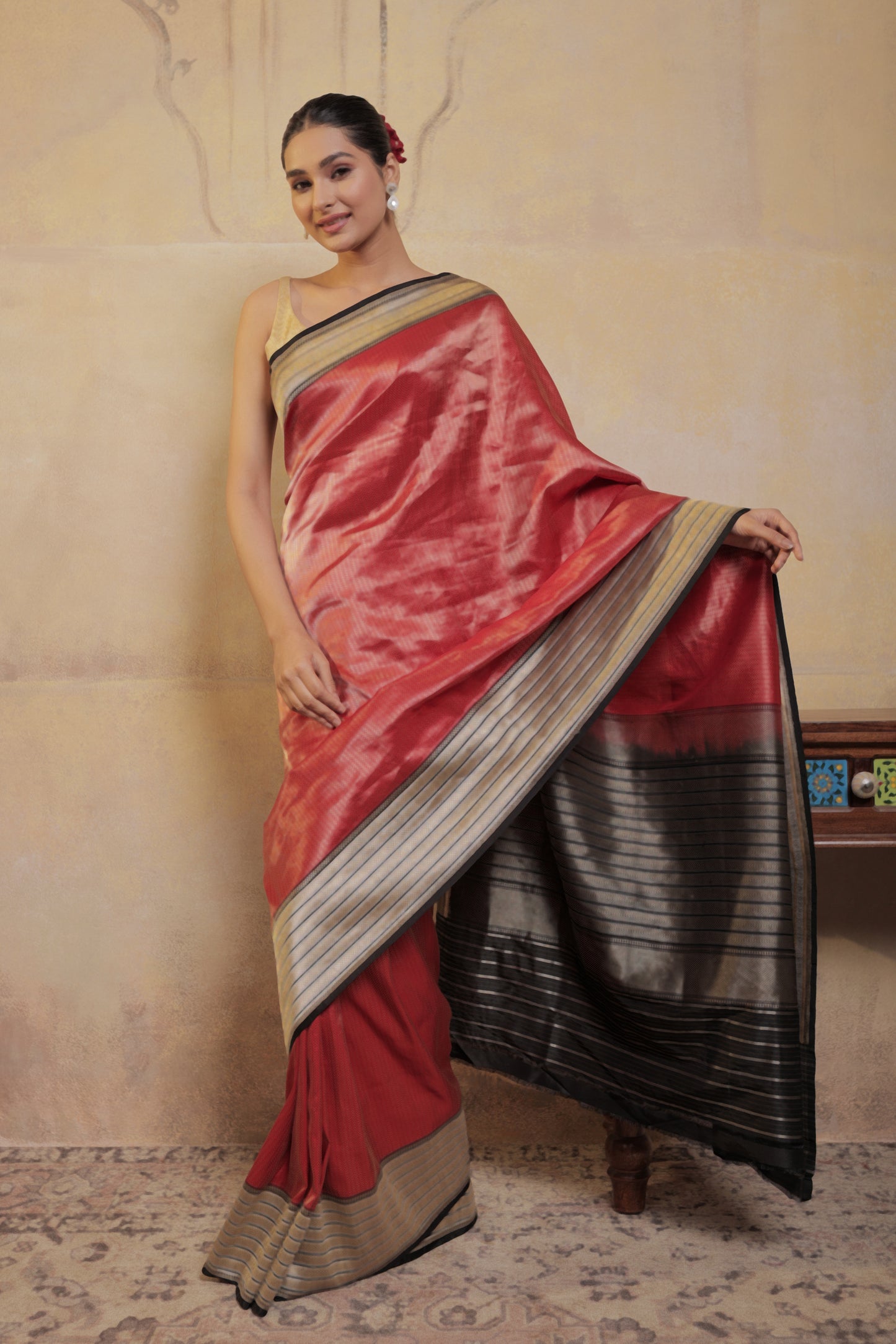 Red and Black Katan Silk Handloom Banarasi Saree