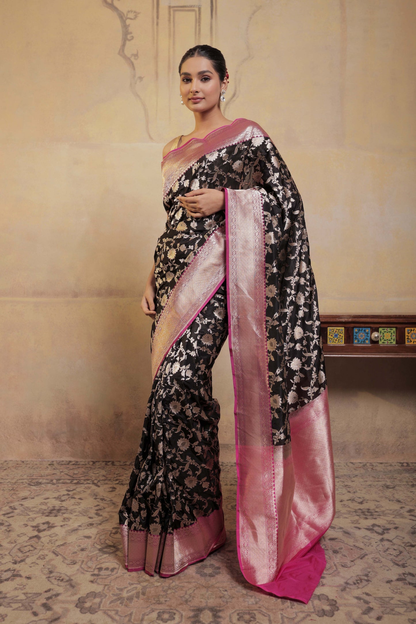 Black Katan Silk Handloom Banarasi Saree with Pink Border