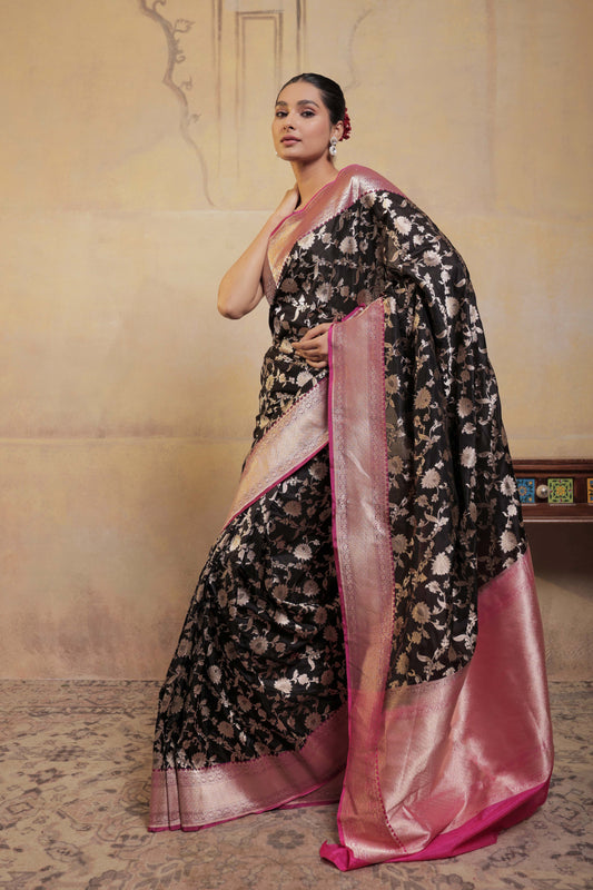 Black Katan Silk Handloom Banarasi Saree with Pink Border