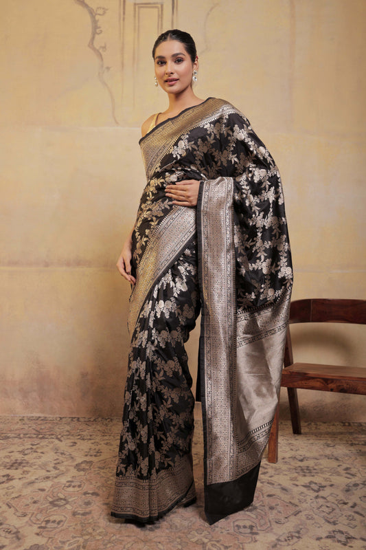 Black Katan Silk Handloom Banarasi Saree With Jaal