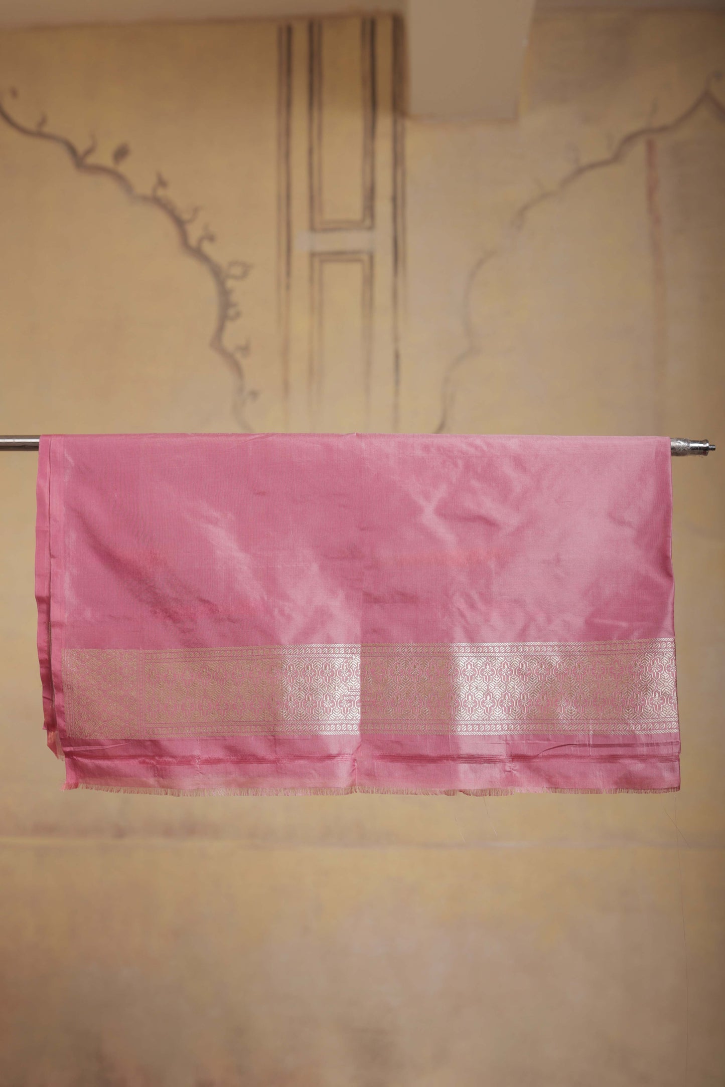 Light Green Katan Silk Handloom Banarasi Saree with Pink Border