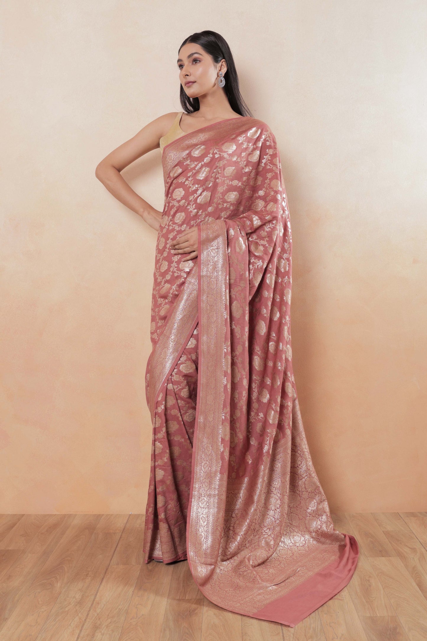 Pastel Pink Jaal Moonga Georgette Handloom Banarasi Saree
