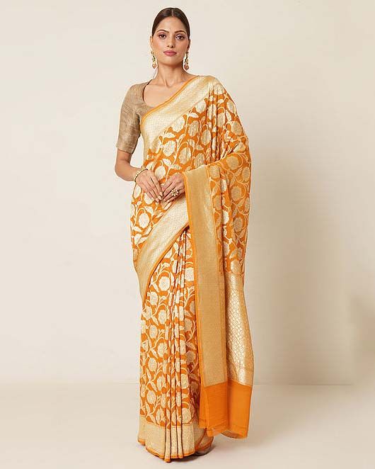 Mustard Khaddi Georgette Handloom Banarasi Saree