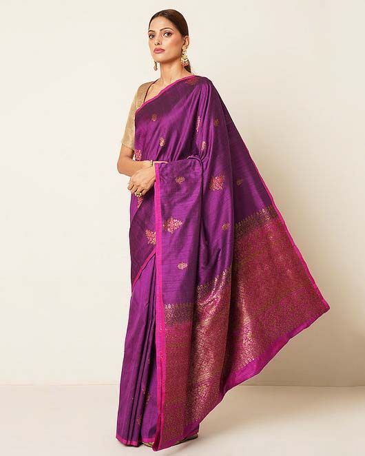 Purple Tussar Silk Handloom Banarasi Saree With Meenakari