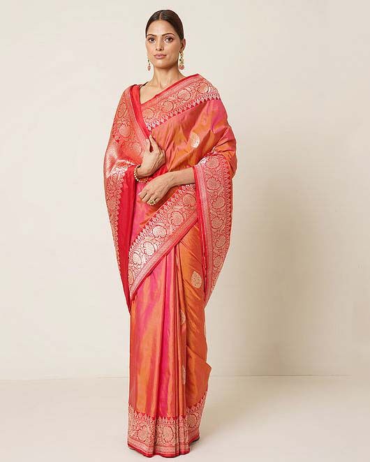 Orange-Red Katan Silk Handloom Banarasi Saree