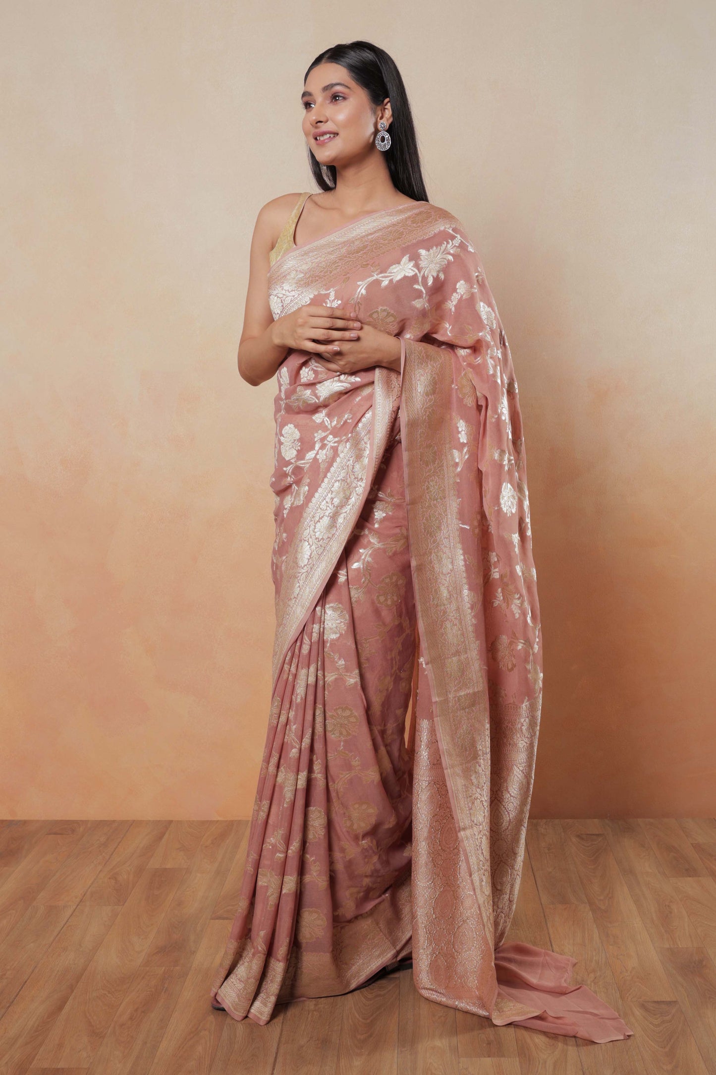 Blush Pink Jaal Khaddi Georgette Handloom Banarasi Saree