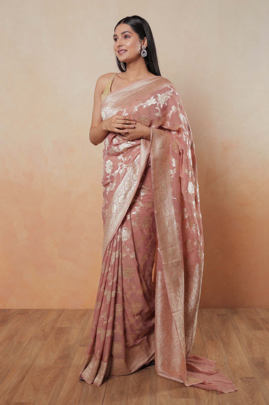 Blush Pink Jaal Khaddi Georgette Handloom Banarasi Saree