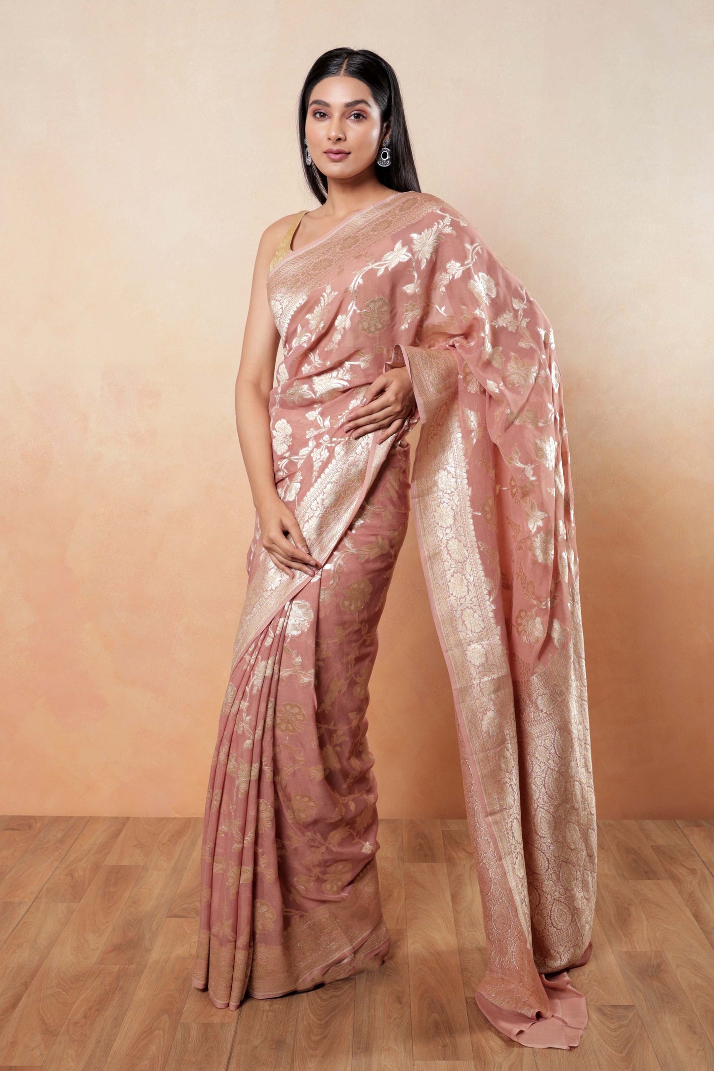 Blush Pink Jaal Khaddi Georgette Handloom Banarasi Saree