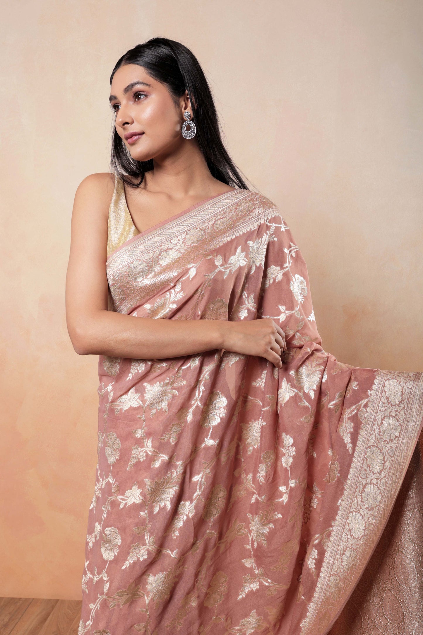 Blush Pink Jaal Khaddi Georgette Handloom Banarasi Saree