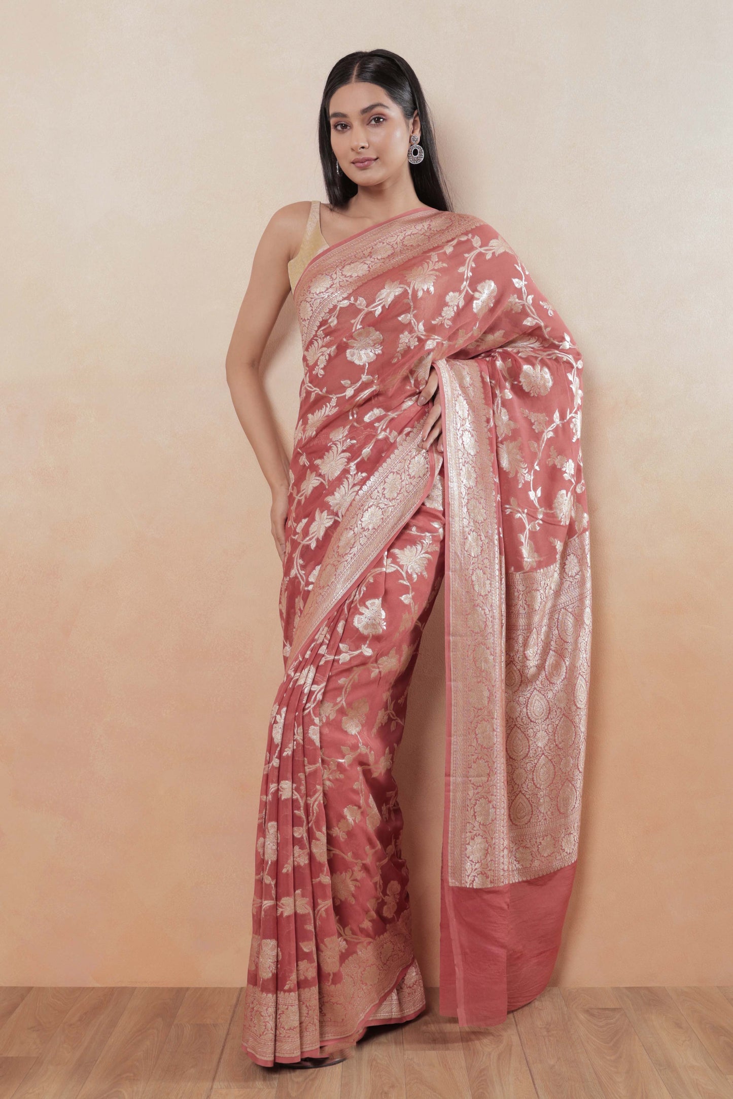 Coral Pink Jaal Khaddi Georgette Handloom Banarasi Saree