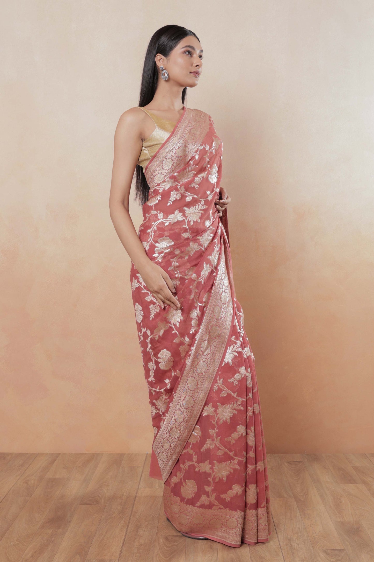 Coral Pink Jaal Khaddi Georgette Handloom Banarasi Saree