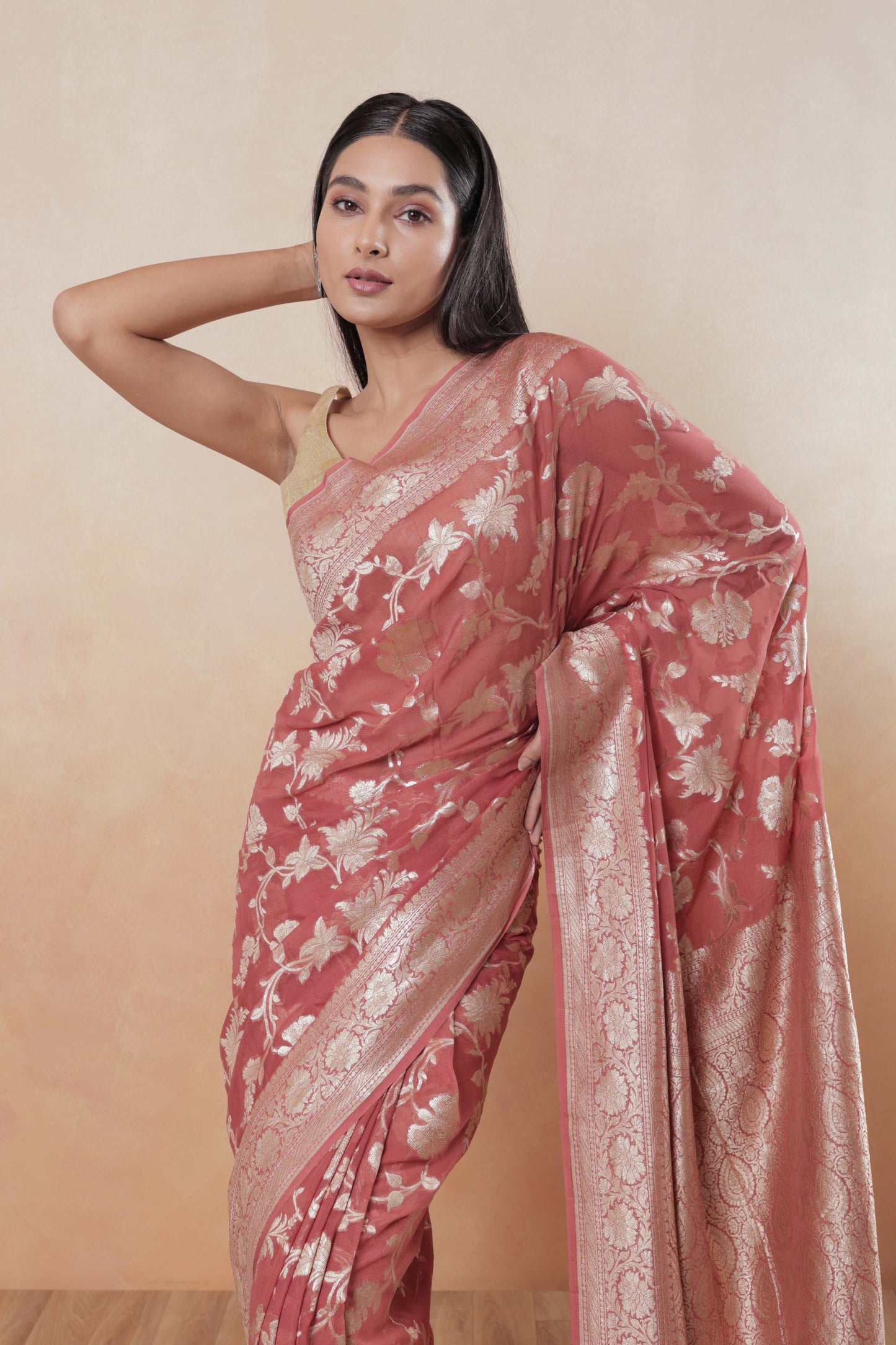 Coral Pink Jaal Khaddi Georgette Handloom Banarasi Saree