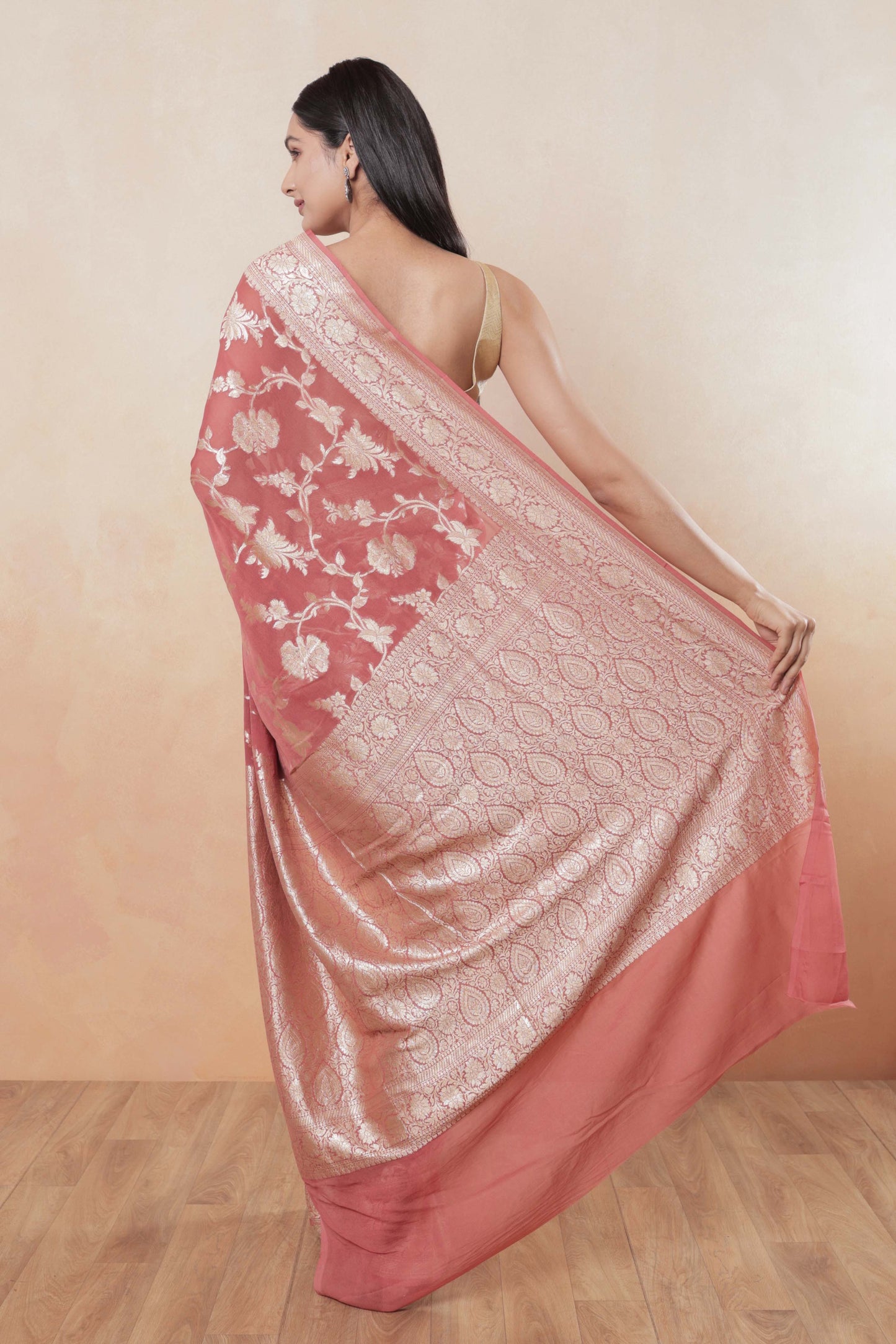 Coral Pink Jaal Khaddi Georgette Handloom Banarasi Saree