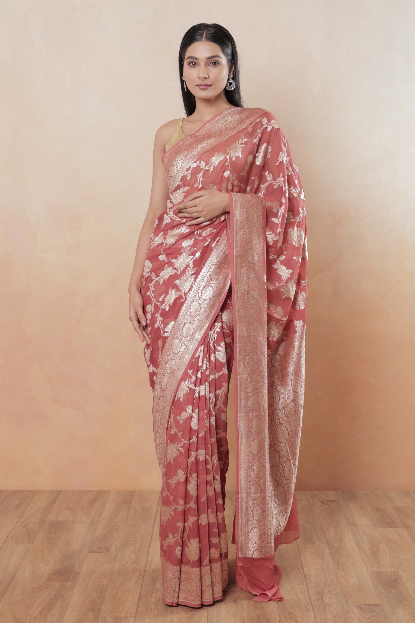 Coral Pink Jaal Khaddi Georgette Handloom Banarasi Saree