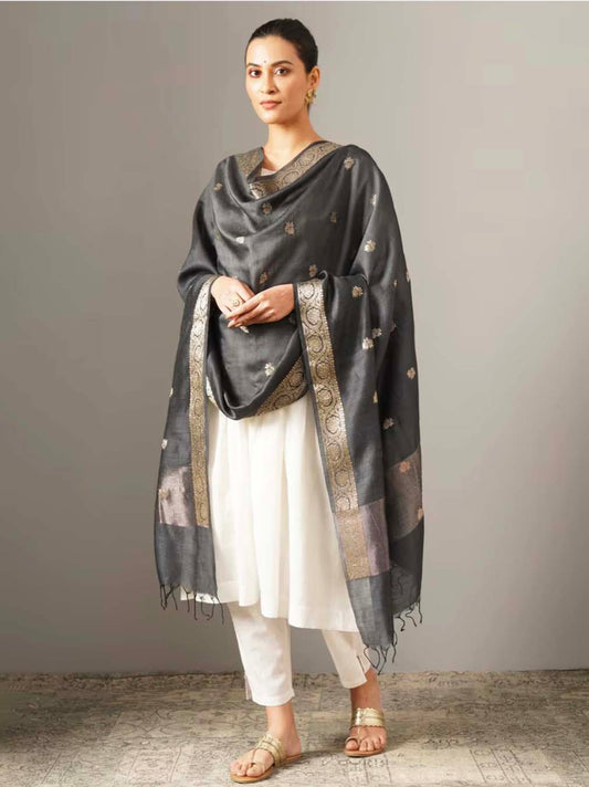 Grey Muga Silk Banarasi Handloom Dupatta