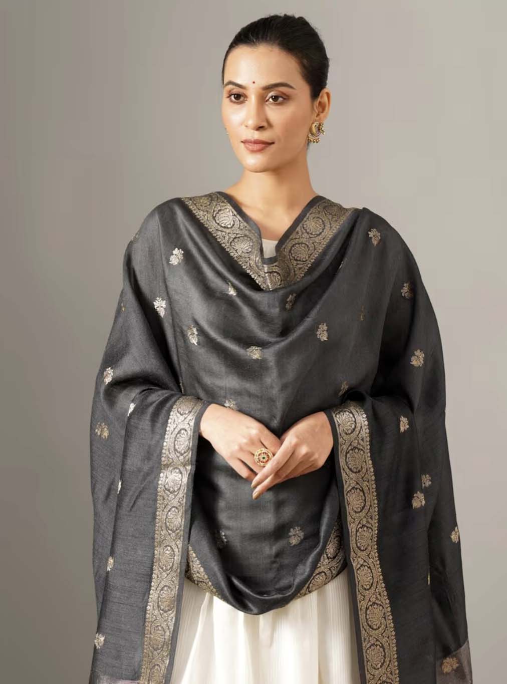 Grey Muga Silk Banarasi Handloom Dupatta