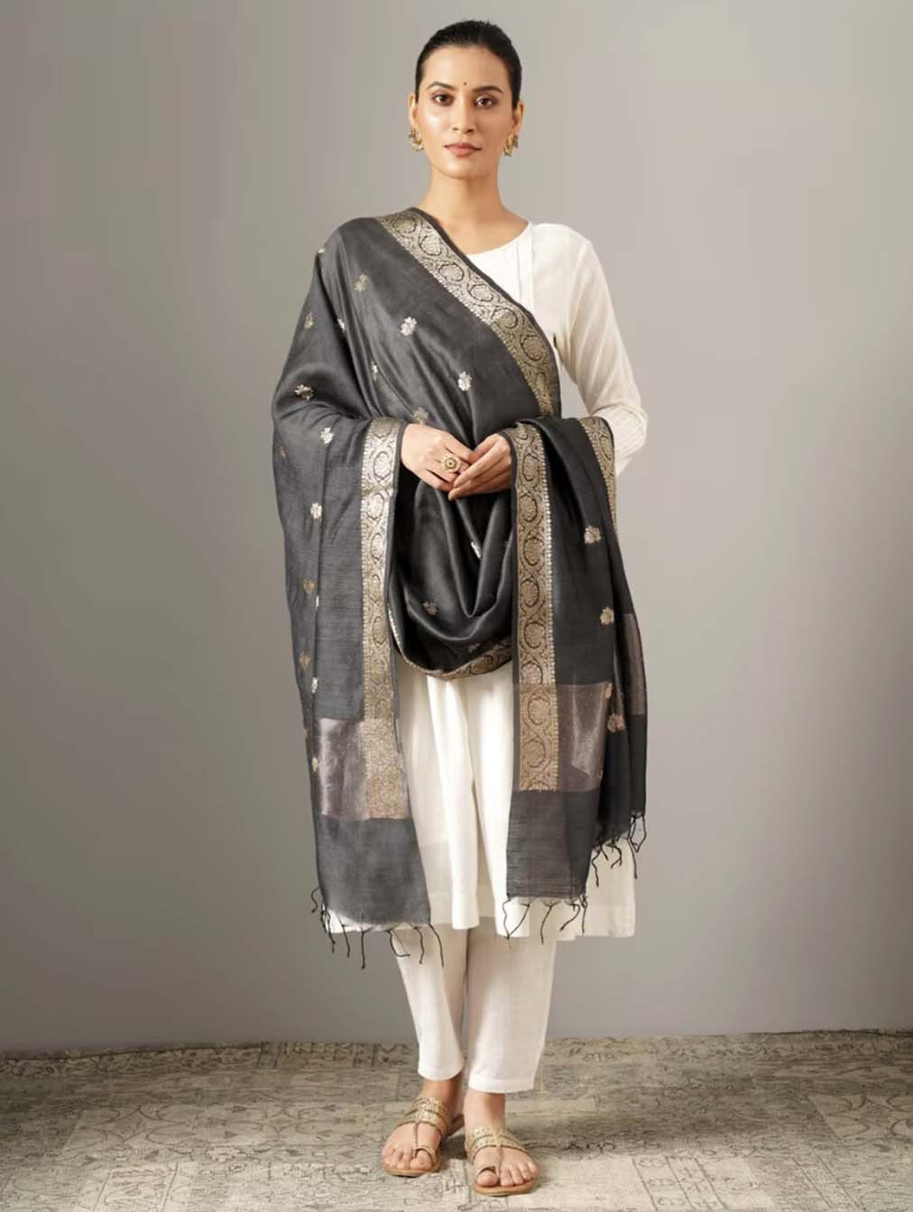 Grey Muga Silk Banarasi Handloom Dupatta
