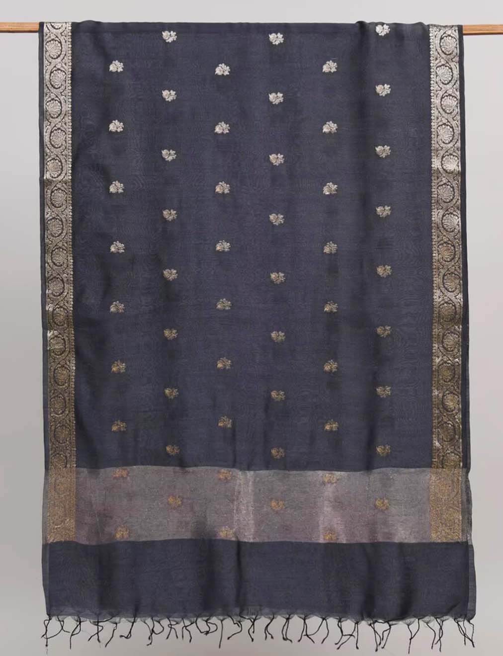 Grey Muga Silk Banarasi Handloom Dupatta