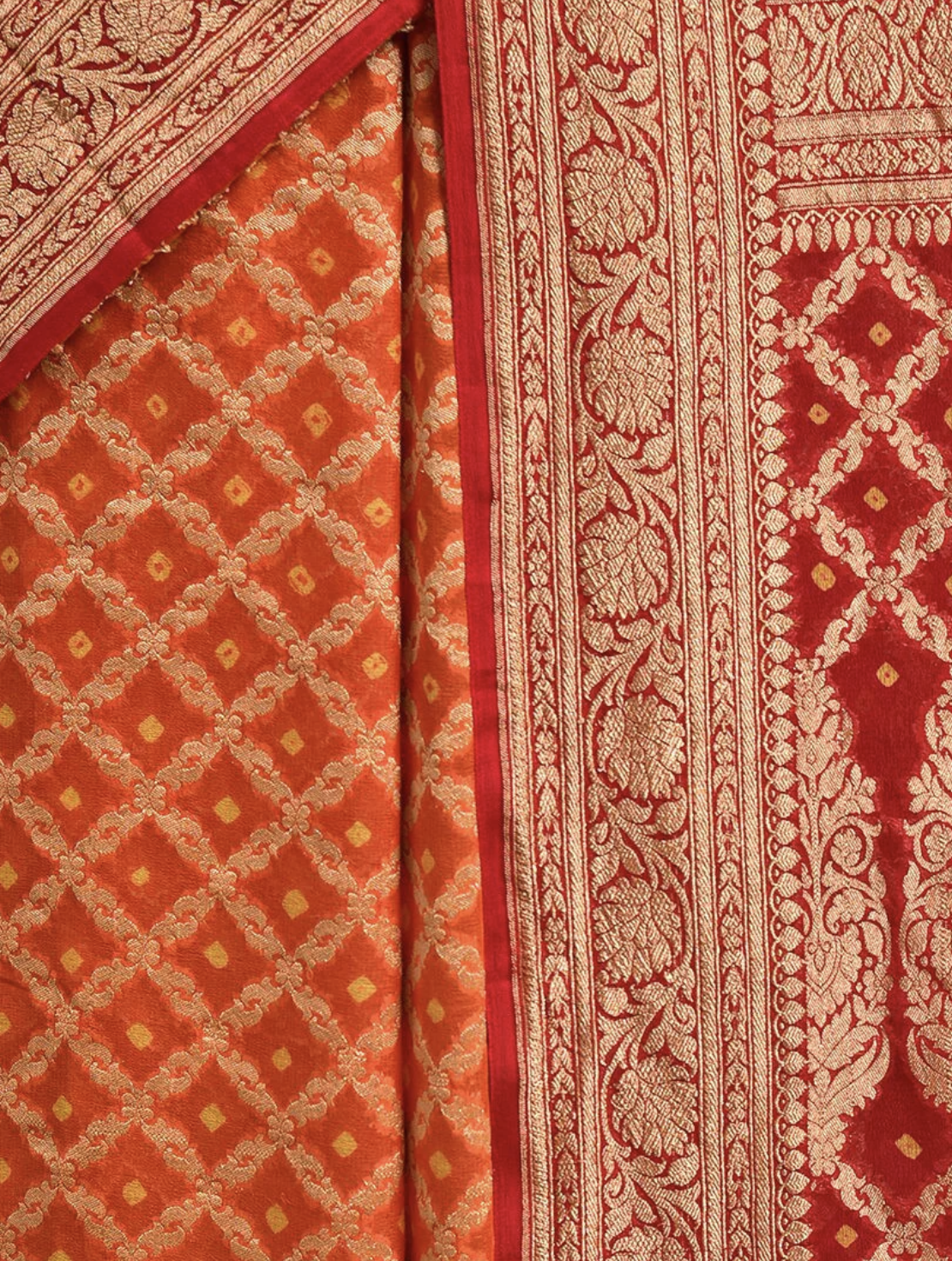 Orange and Red Handloom Khaddi Georgette Banarasi Bandhej Saree With Zari