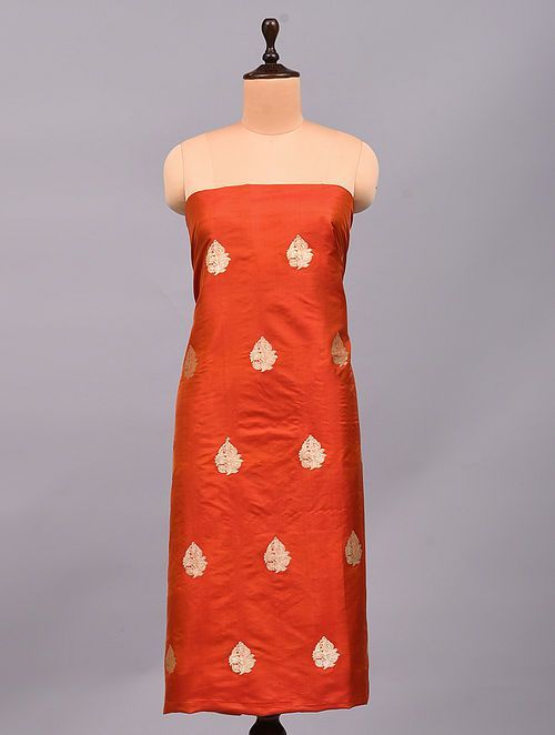 Orange Handloom Pure Katan Silk Banarasi Fabric