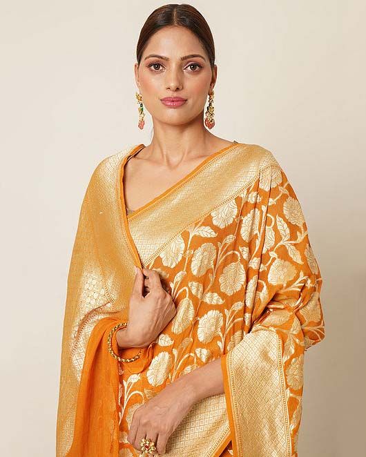 Mustard Khaddi Georgette Handloom Banarasi Saree