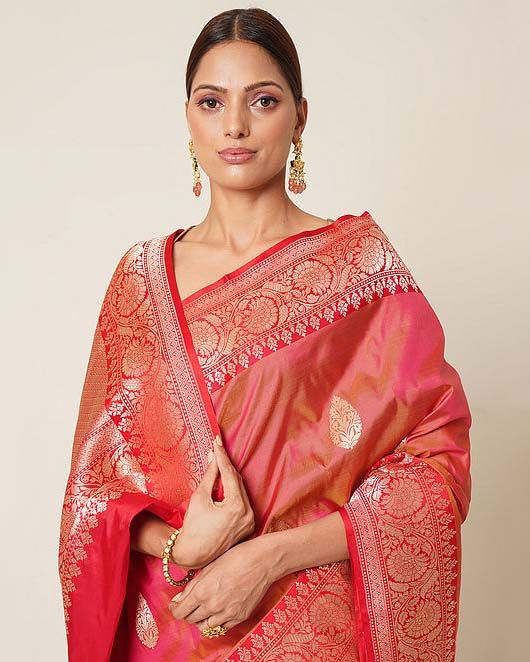 Orange-Red Katan Silk Handloom Banarasi Saree