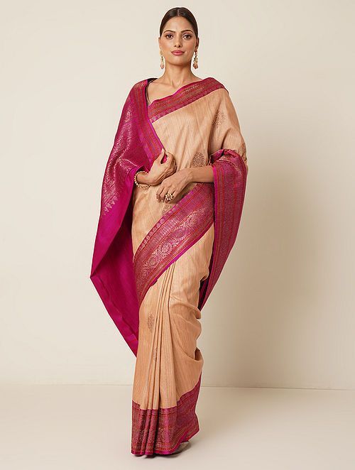 Beige and Pink Tussar Silk Handloom Banarasi Saree