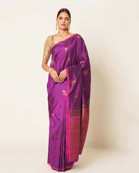 Purple Tussar Silk Handloom Banarasi Saree With Meenakari