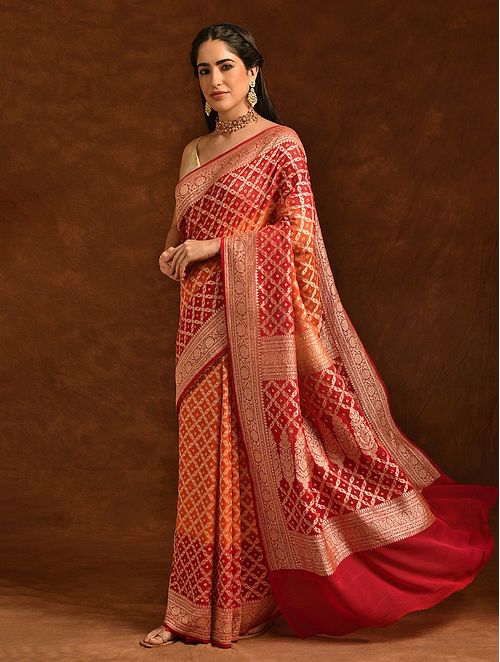 Orange and Red Handloom Khaddi Georgette Banarasi Bandhej Saree With Zari