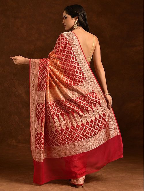 Orange and Red Handloom Khaddi Georgette Banarasi Bandhej Saree With Zari