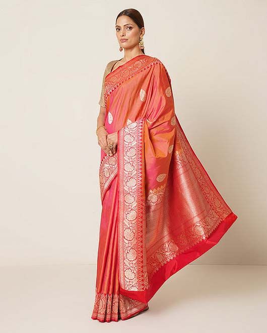 Orange-Red Katan Silk Handloom Banarasi Saree