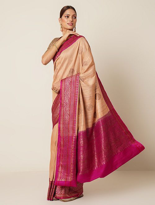 Beige and Pink Tussar Silk Handloom Banarasi Saree